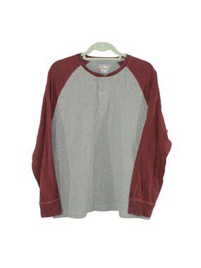 LL Bean Henley Shirt Raglan Long Sleeve Organic Cotton Gray Burgundy XL